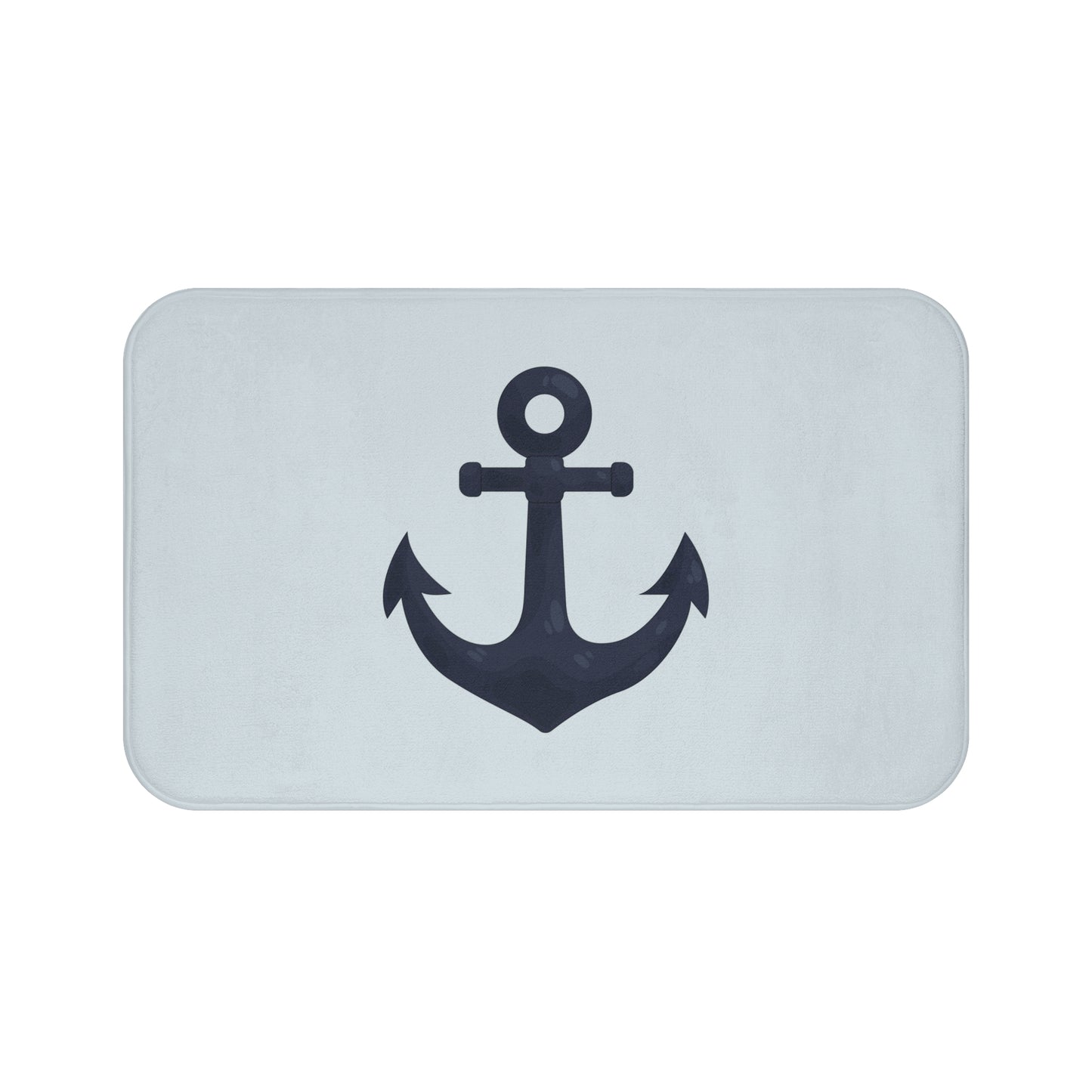 Rectangular bath mat with a navy anchor design on a light gray background