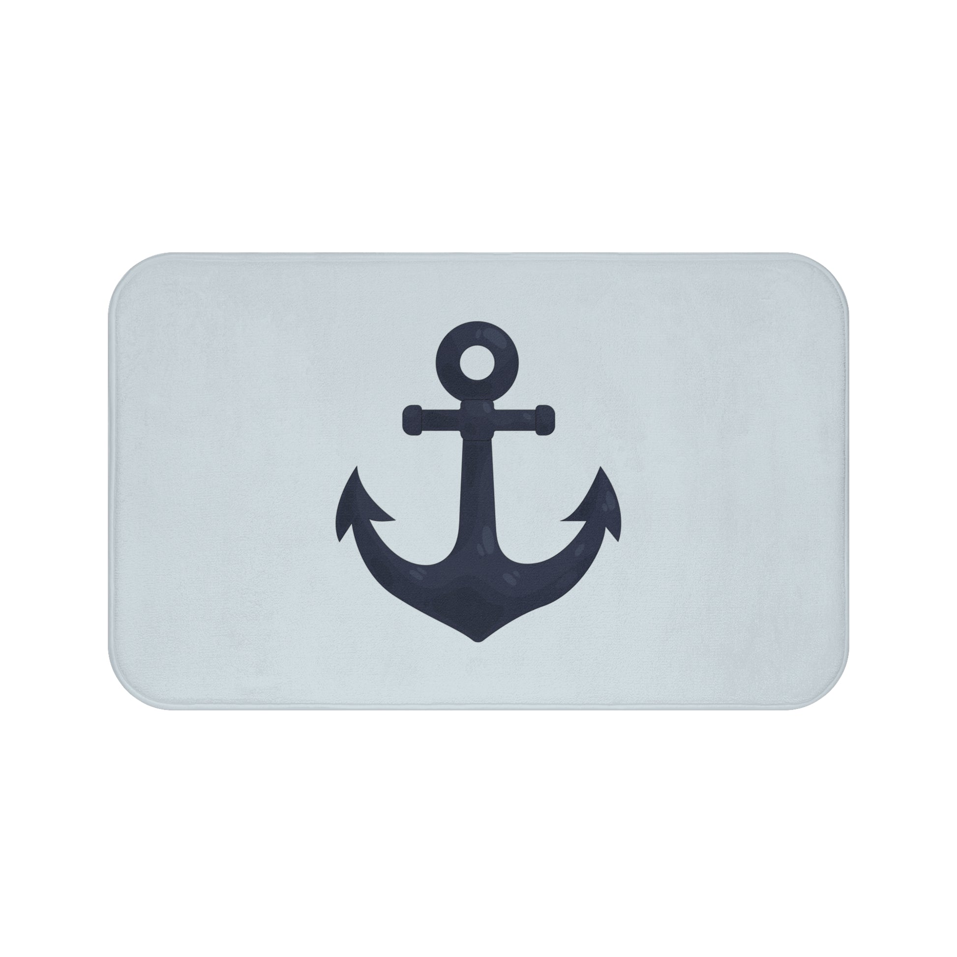 Rectangular bath mat with a navy anchor design on a light gray background