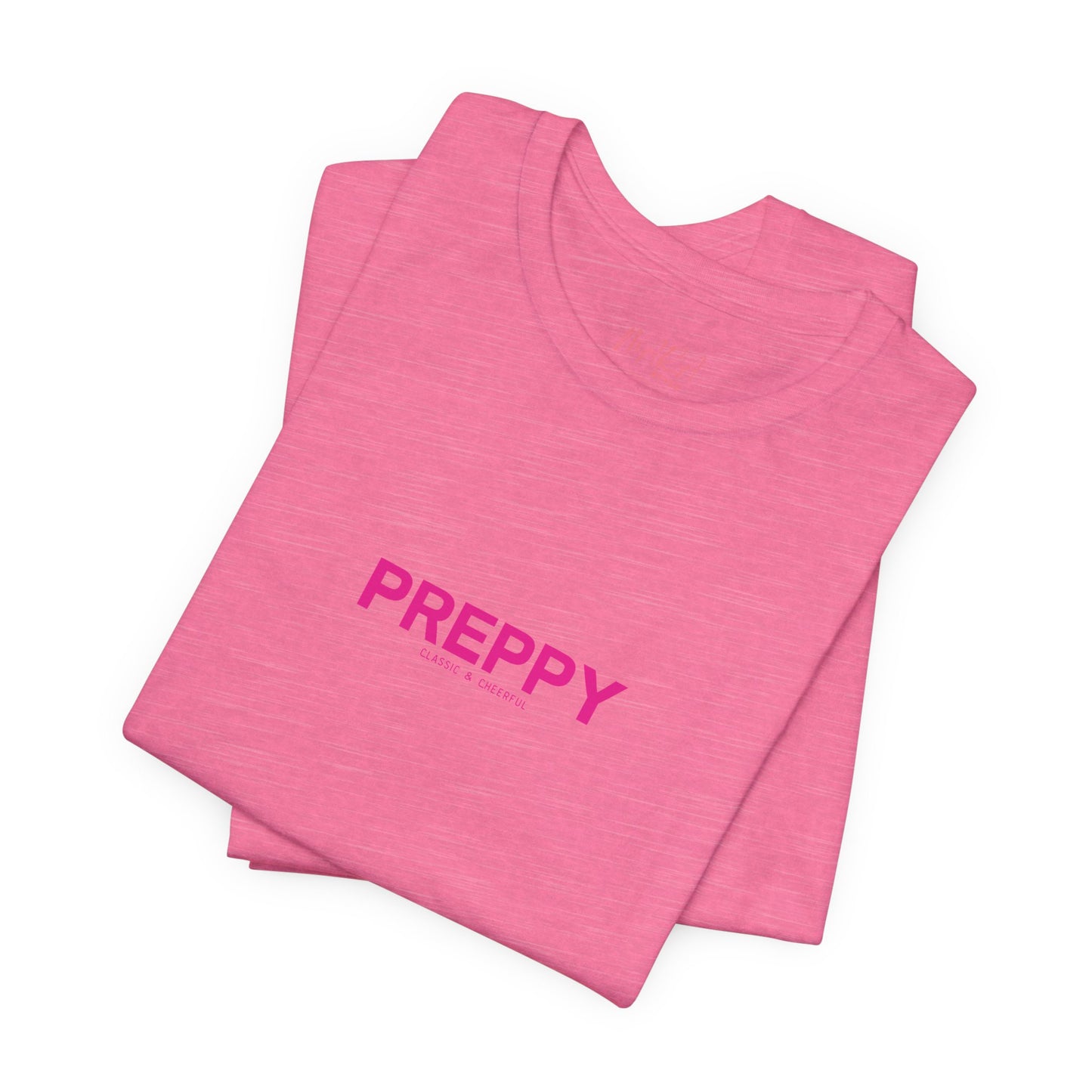 Stack of pink t-shirts with 'PREPPY' text on a white background