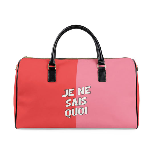 Duffel bag with red and pink split design and 'Je Ne Sais Quoi' text on a white background