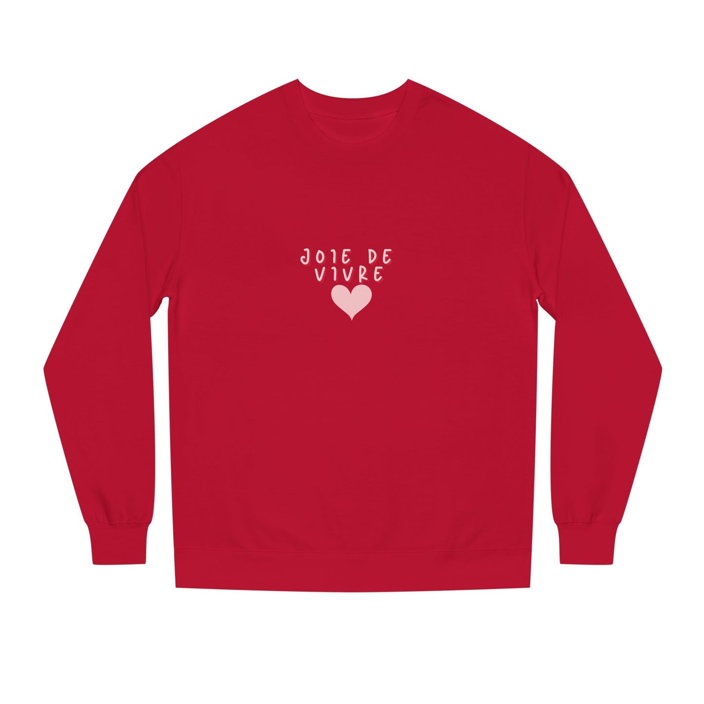 Red long-sleeve shirt with 'JOIE DE VIVRE' and a heart on a white background