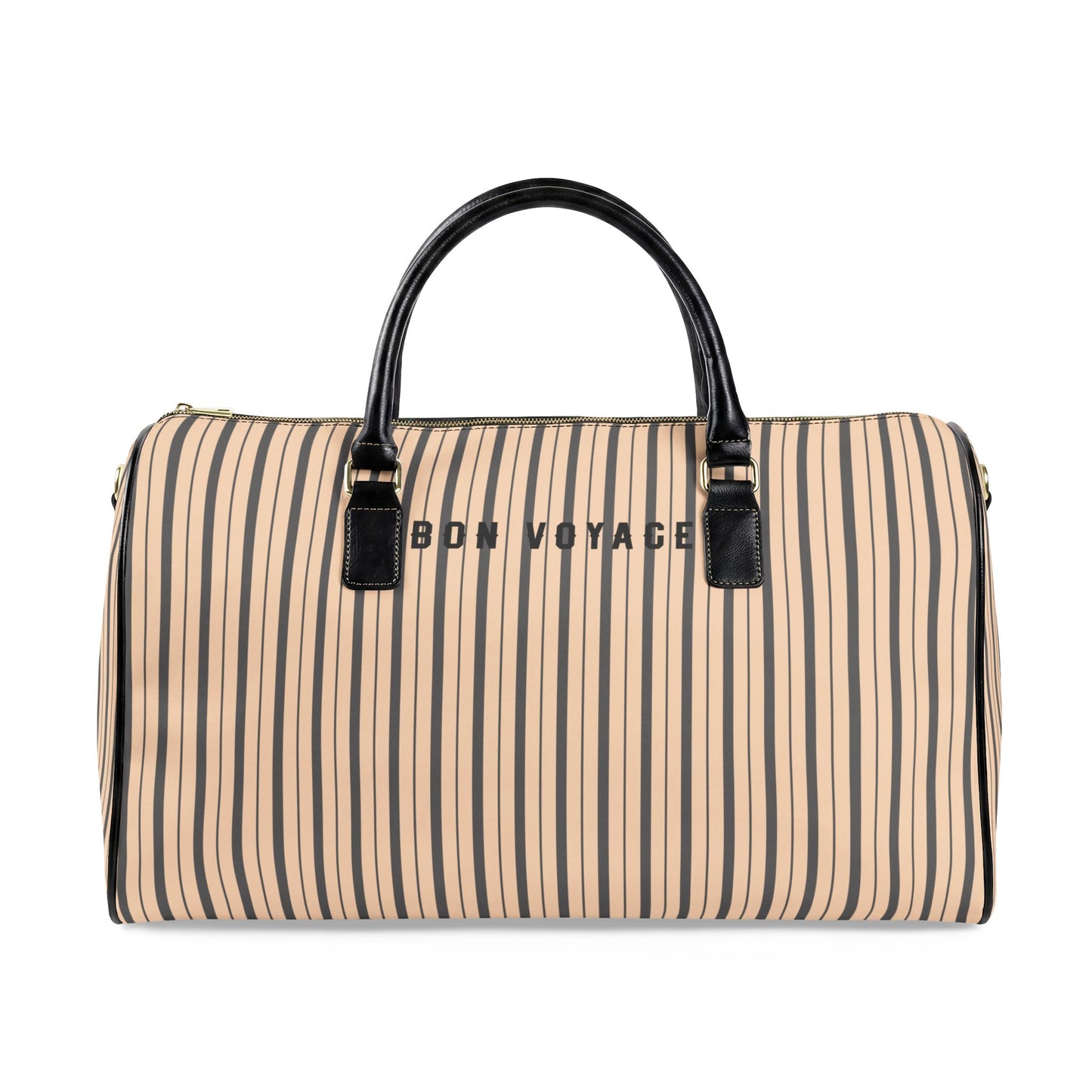 Striped duffel bag with 'Bon Voyage' text on a white background