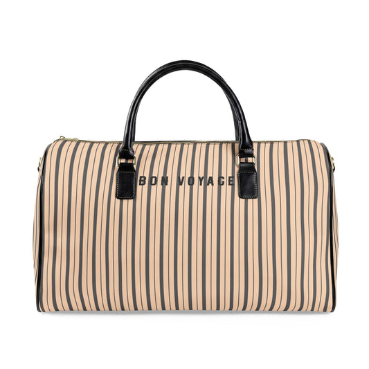 Striped duffel bag with 'Bon Voyage' text on a white background