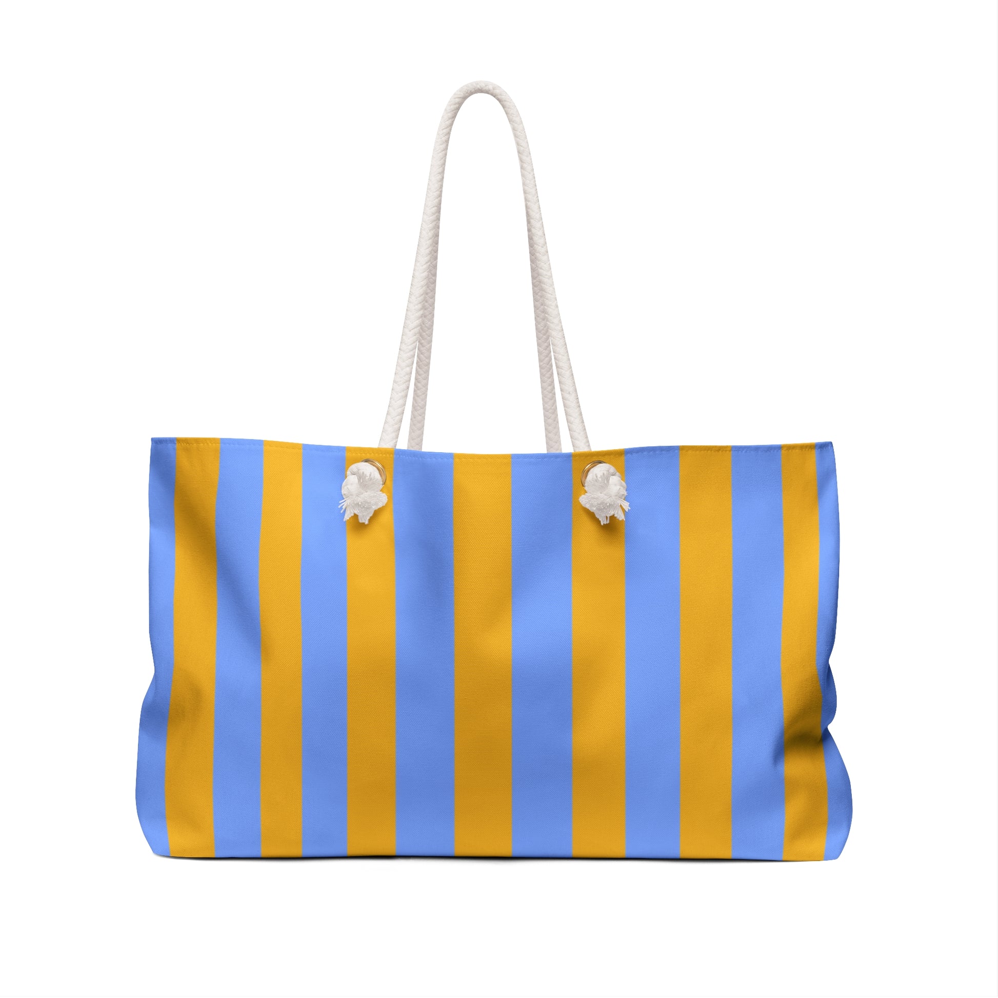 Tote bag with blue and yellow striped pattern on a white background