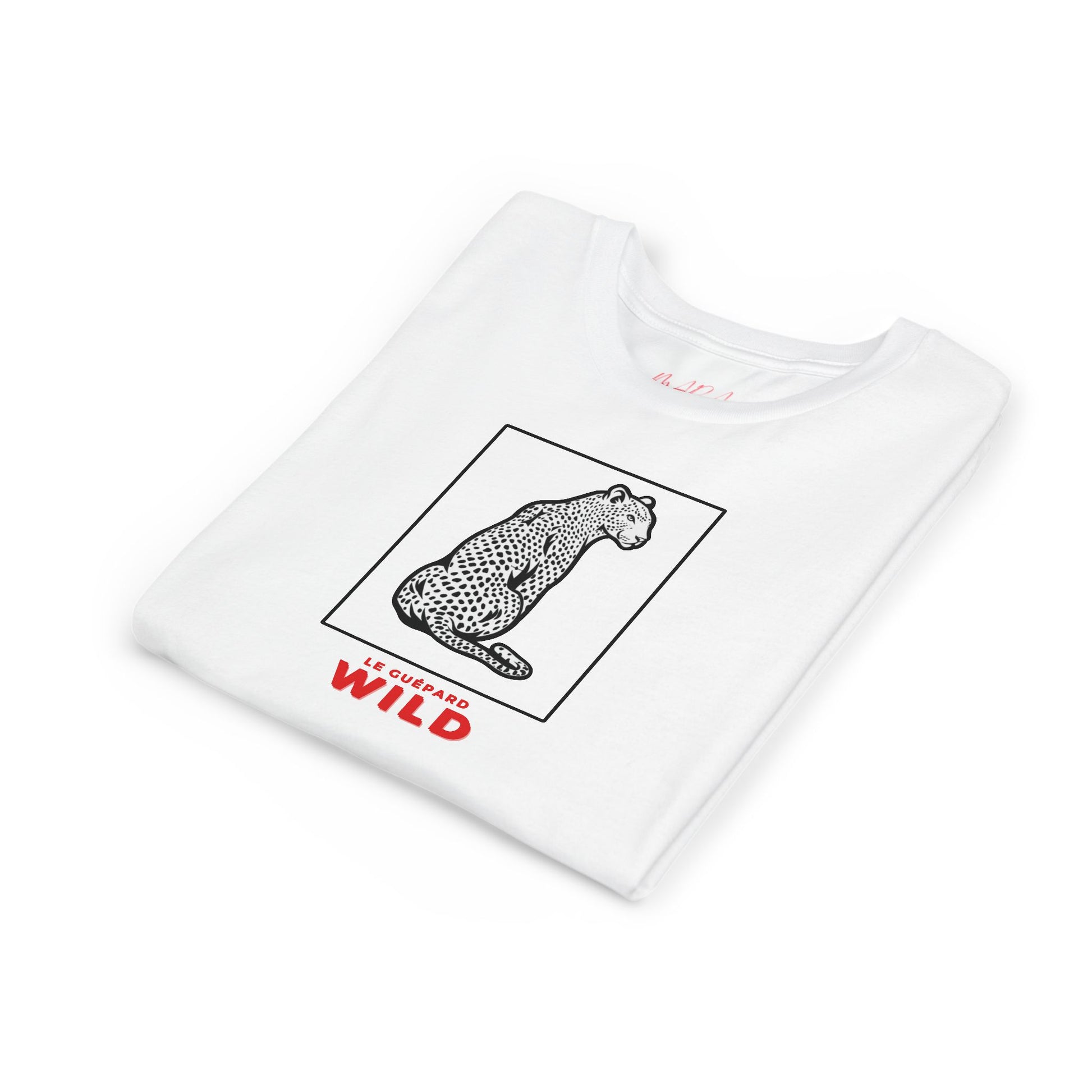 White t-shirt with a cheetah graphic and 'WILD' text on a white background