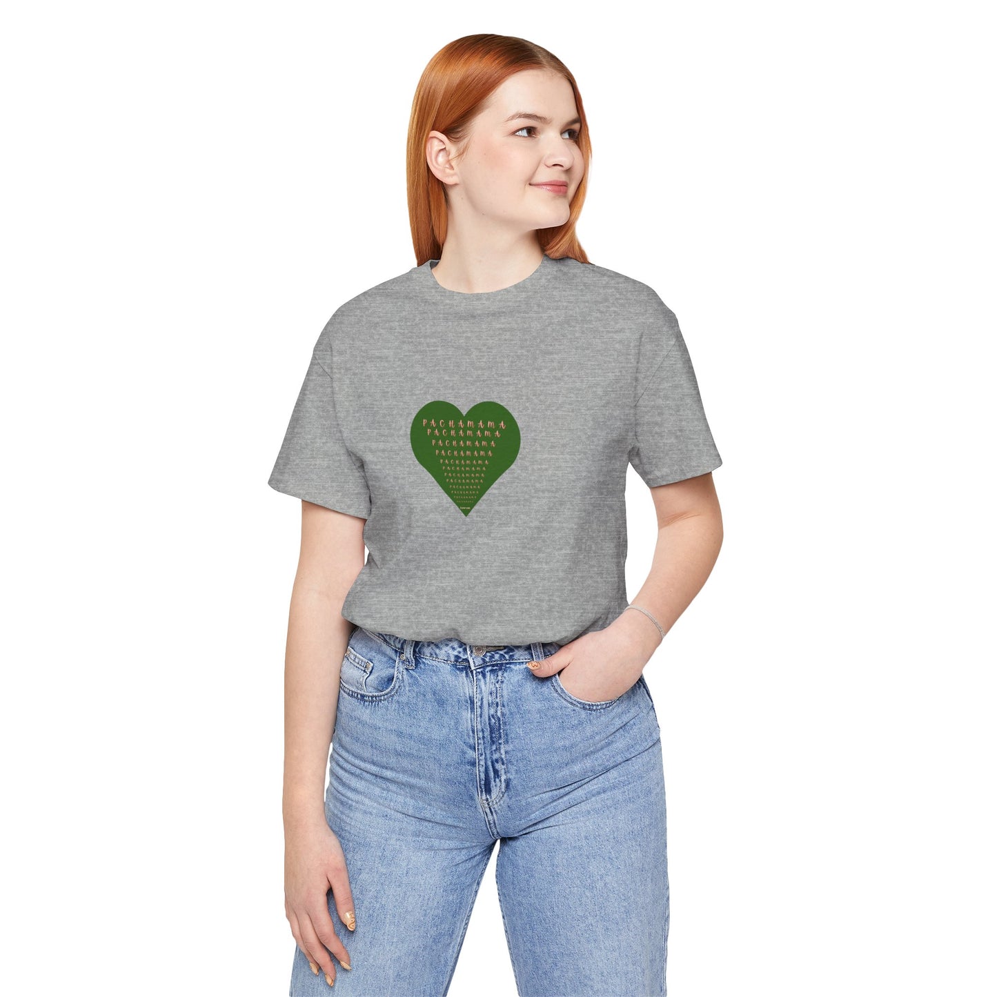 Person wearing a gray t-shirt with a green heart design on a white background