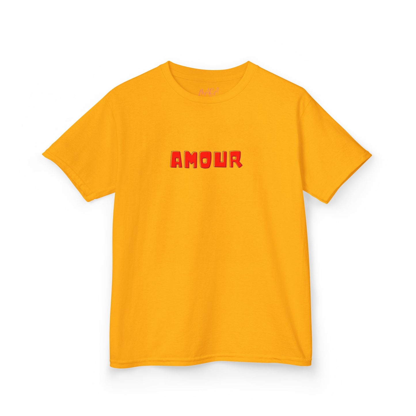 Yellow t-shirt with red 'AMOUR' text on a white background