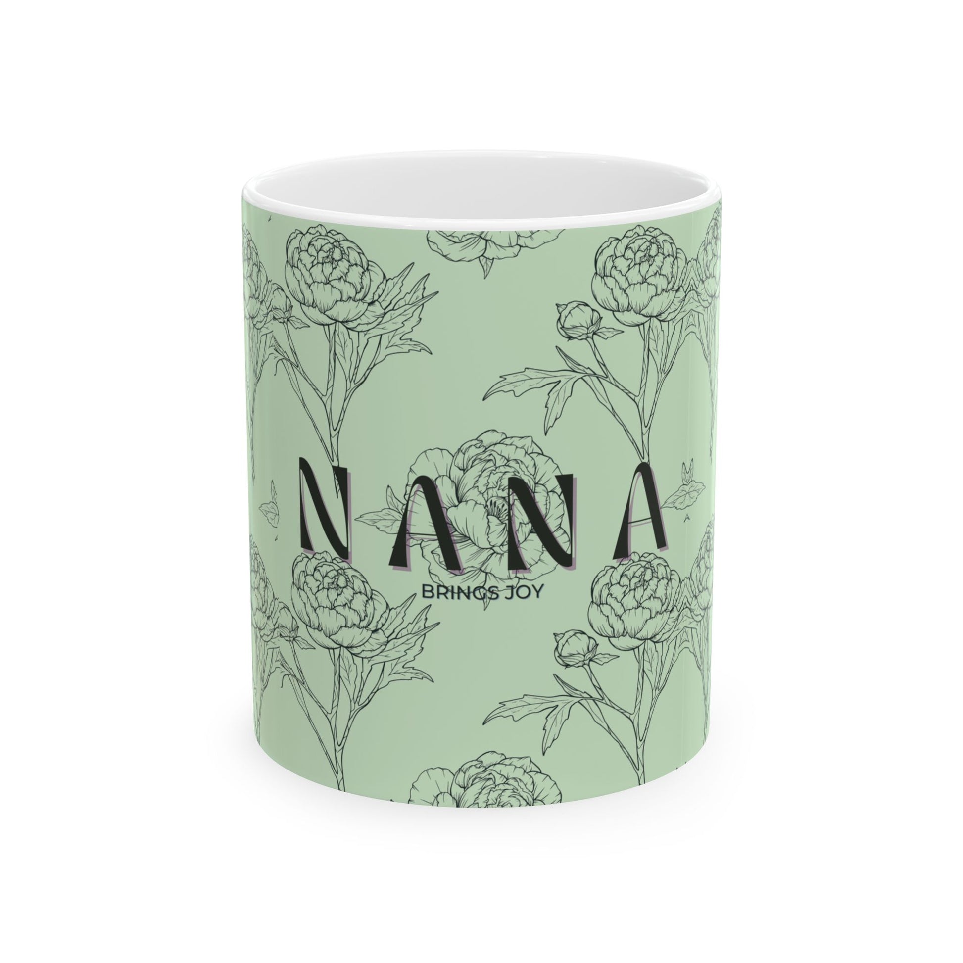 Mug with floral design and text on a white background