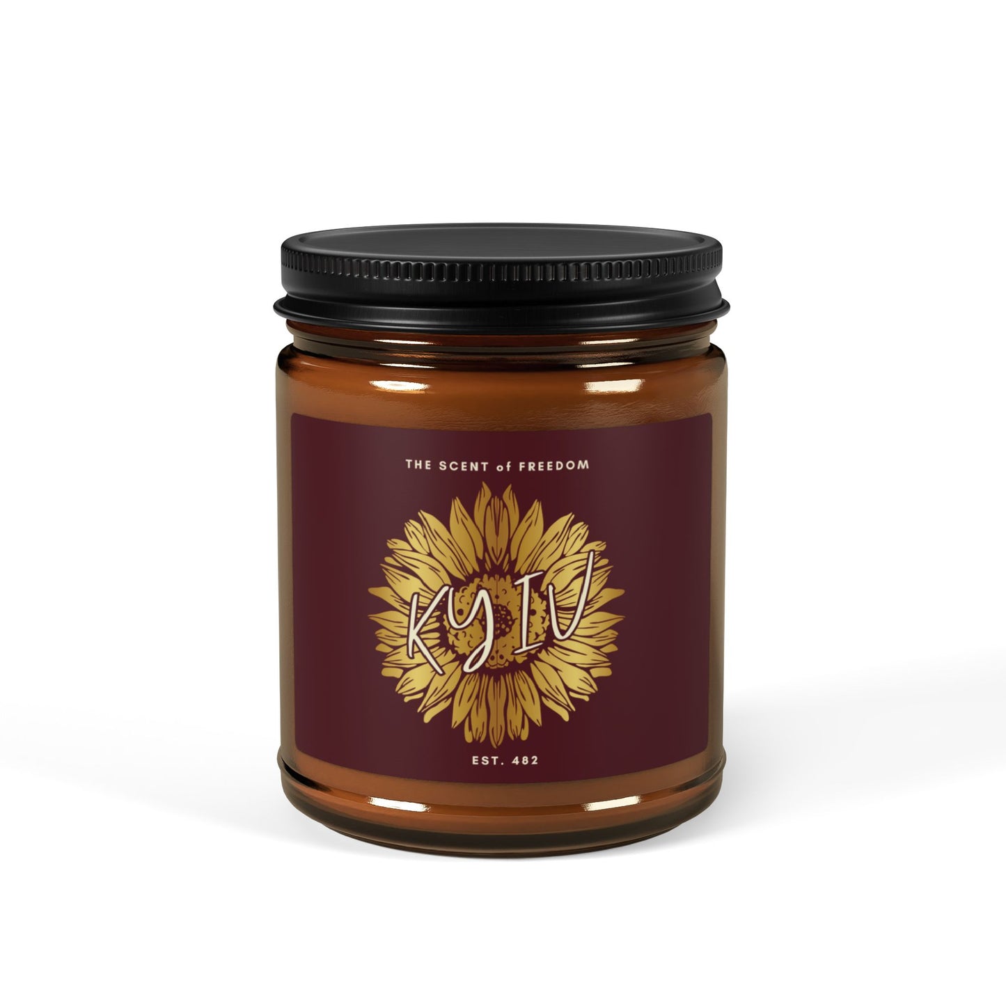 Candle jar with a sunflower KYIV design and text on a white background