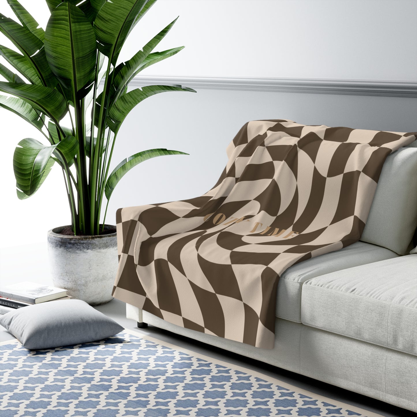 Cozy Sherpa Fleece Blanket | Earthtone Wavy Checkerboard pattern