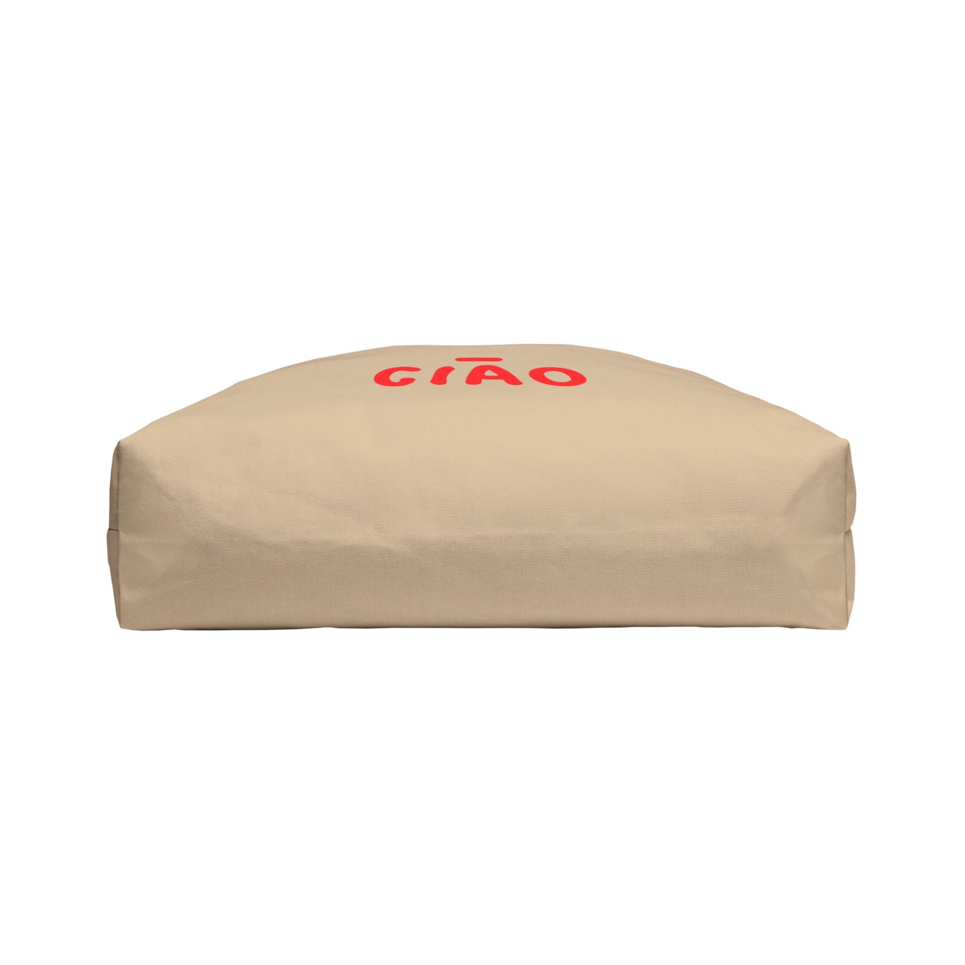 Beige cushion with 'CIAO' text on a white background