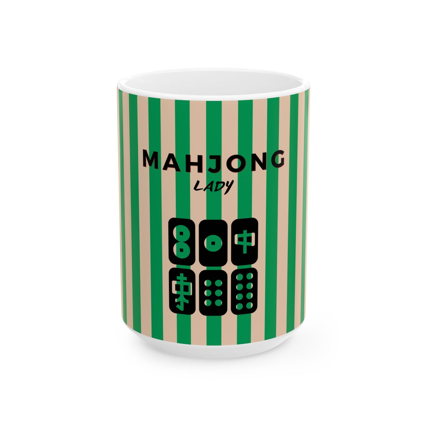 Mug with green and beige striped pattern and 'MAHJONG LADY' text on a white background