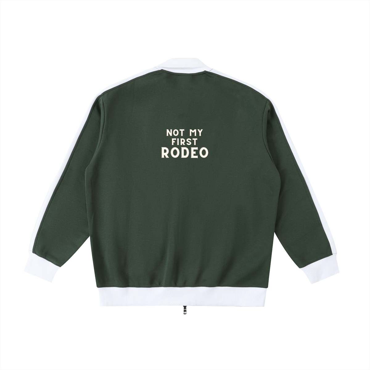 A dark green bomber jacket shown from the back, featuring a white graphic print of a crown and the text 'BREADOVERGLORY' on the upper back, with white ribbed cuffs, collar, and hem.
