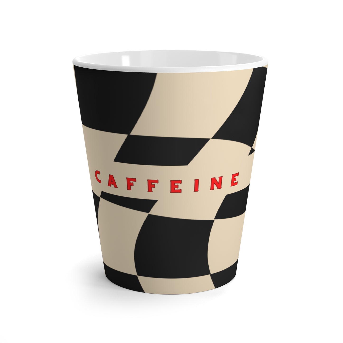 Coffee cup with checkered pattern and 'CAFFEINE' text on a white background