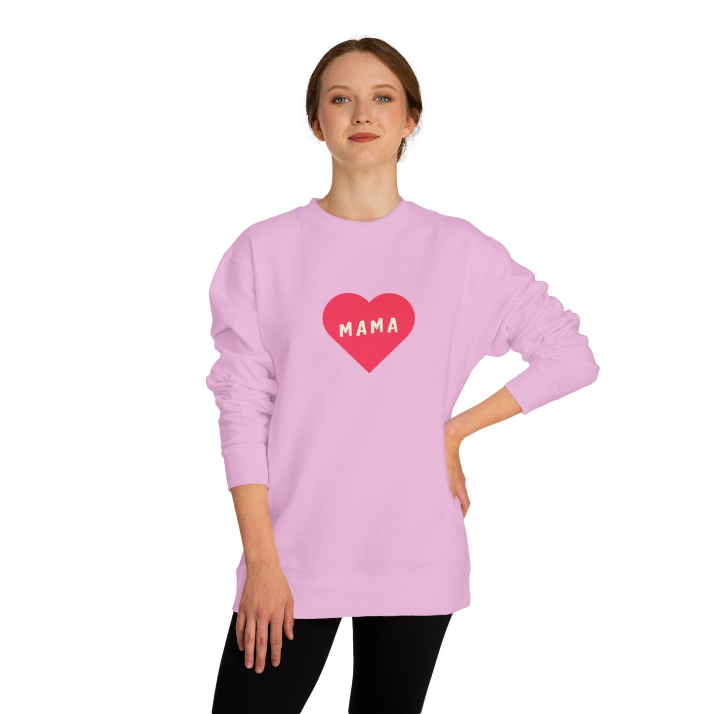 Person wearing a pink sweatshirt with a red heart and 'MAMA' text on a white background