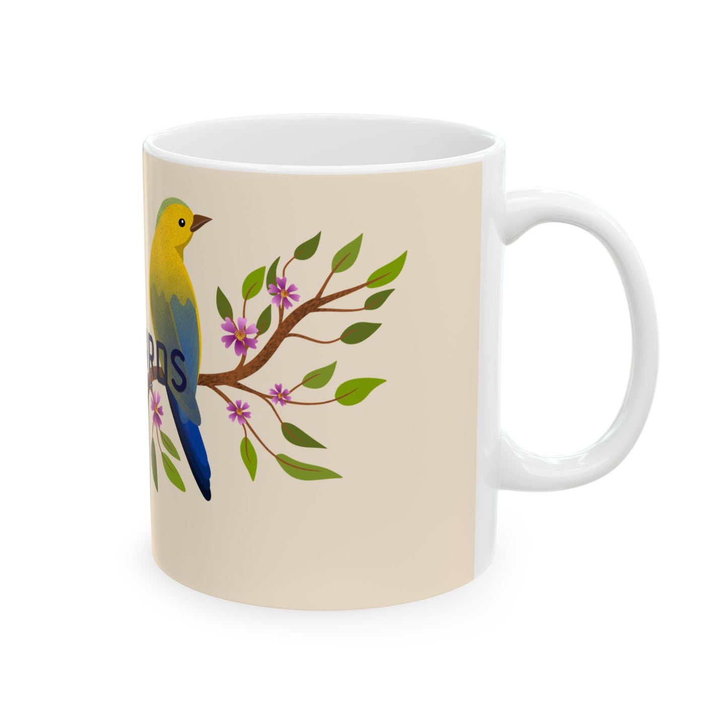 A white ceramic mug with a beige printed side panel featuring a colorful bird perched on a flowering branch with green leaves.