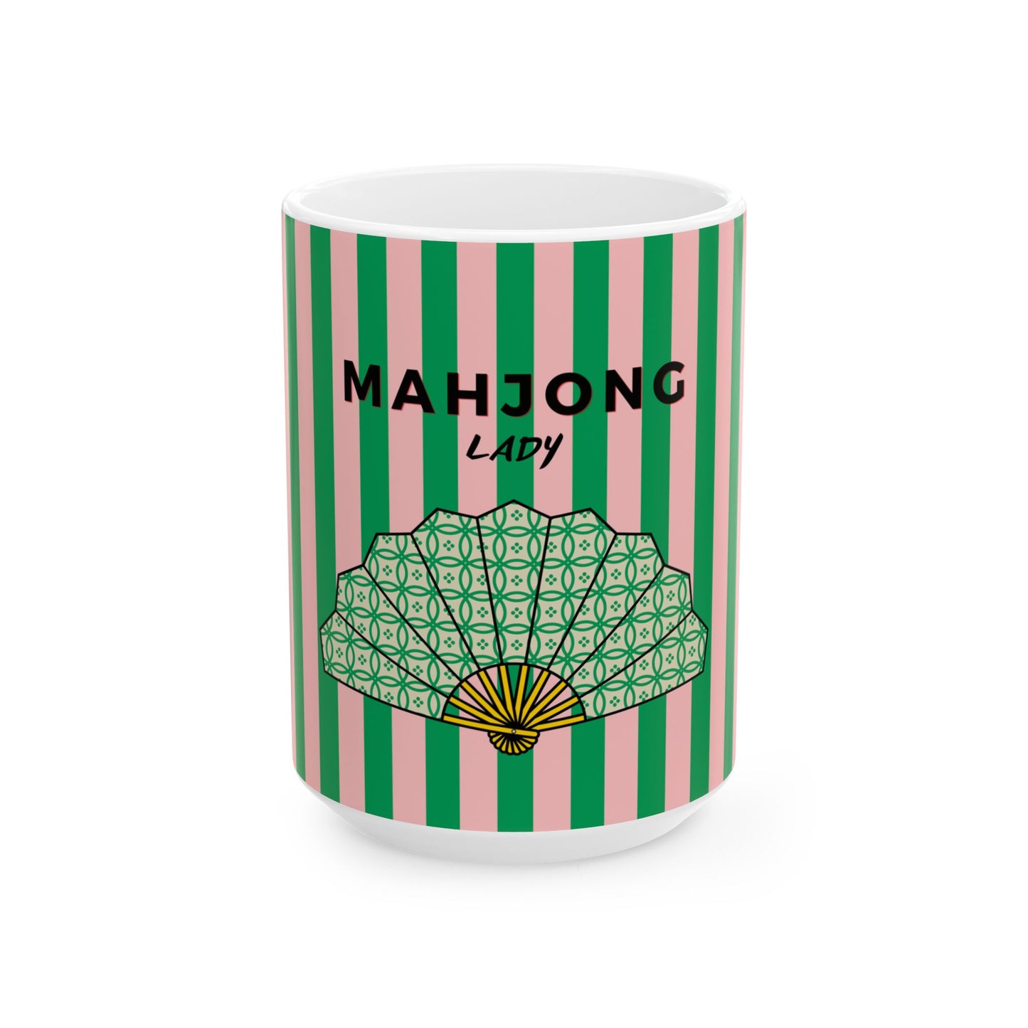 Mug with green and pink striped design and 'MAHJONG LADY' text on a white background