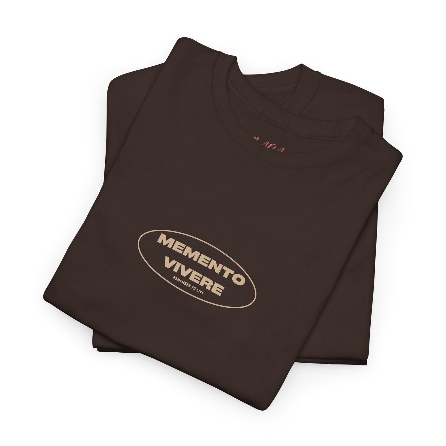 Folded brown t-shirt with 'Memento Vivere' logo on a white background