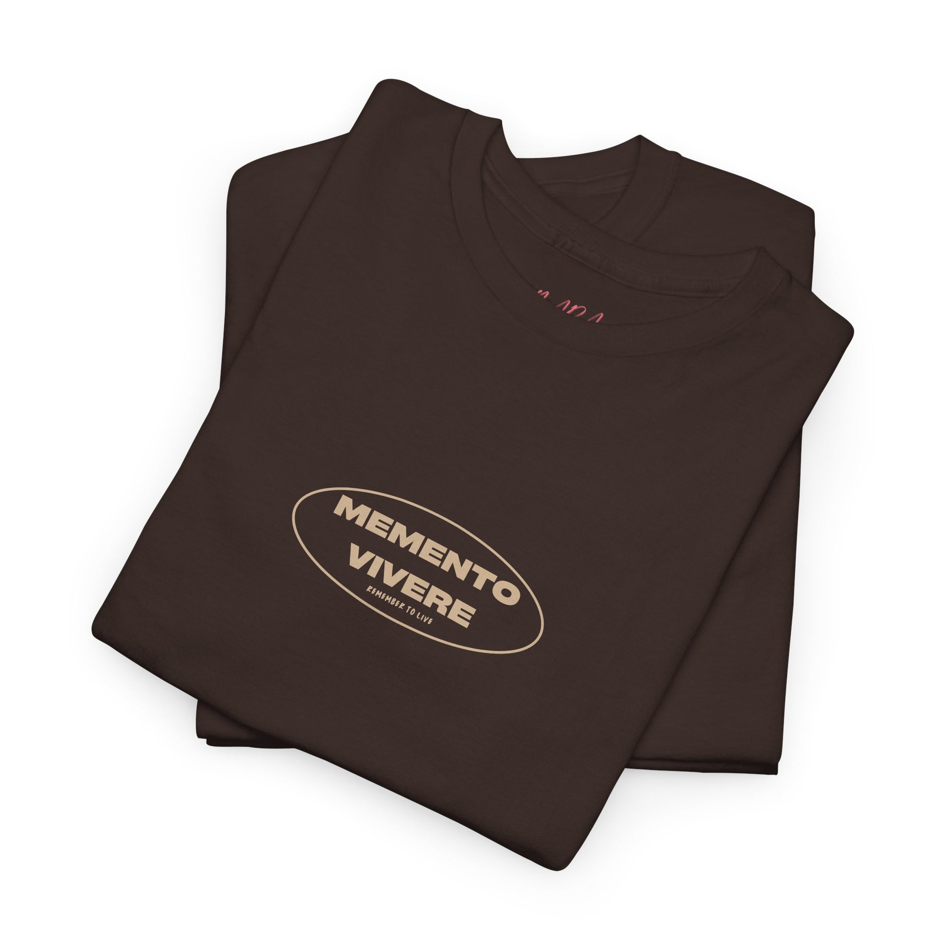 Folded brown t-shirt with 'Memento Vivere' logo on a white background