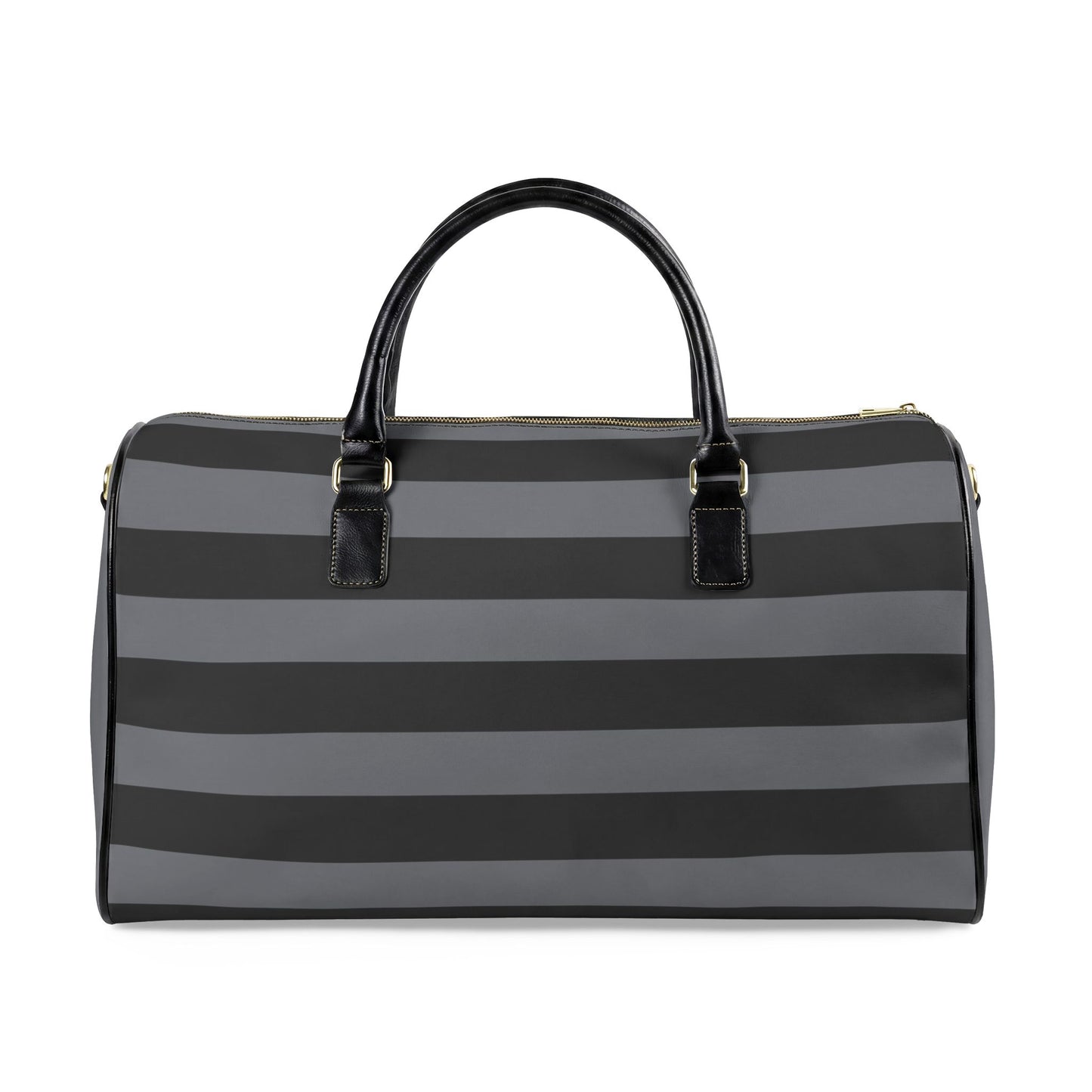 Black and gray striped duffel bag on a white background