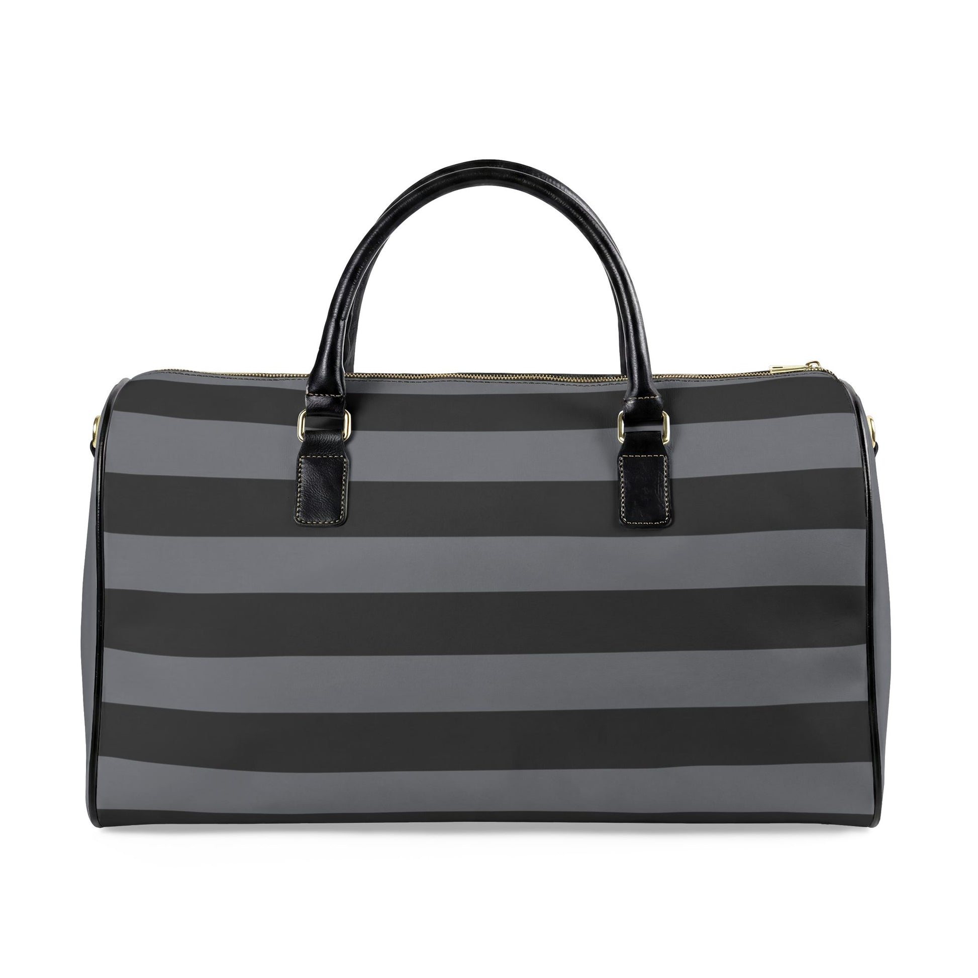 Black and gray striped duffel bag on a white background