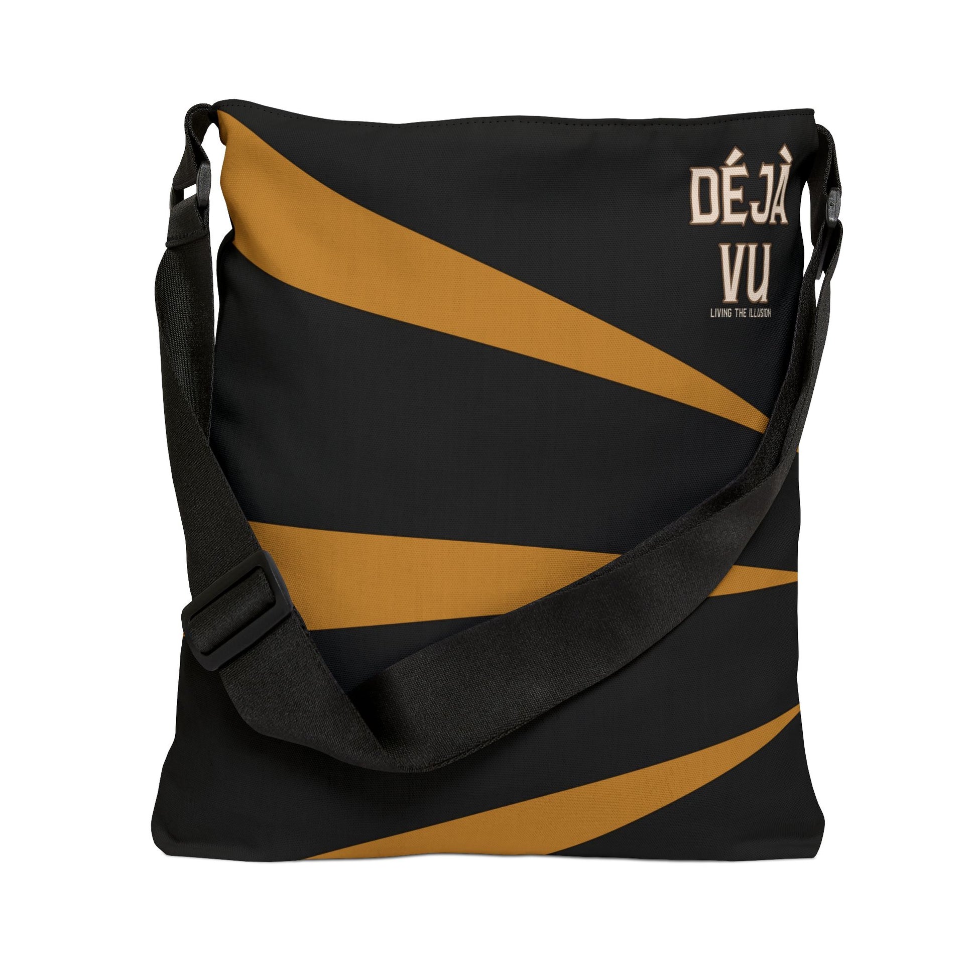 Black and gold bag with 'Dé Já Vu' branding on a white background