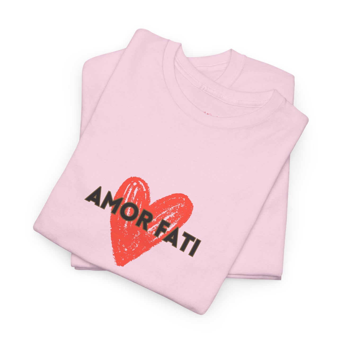 Folded pink t-shirt with a red heart and black text on a white background
