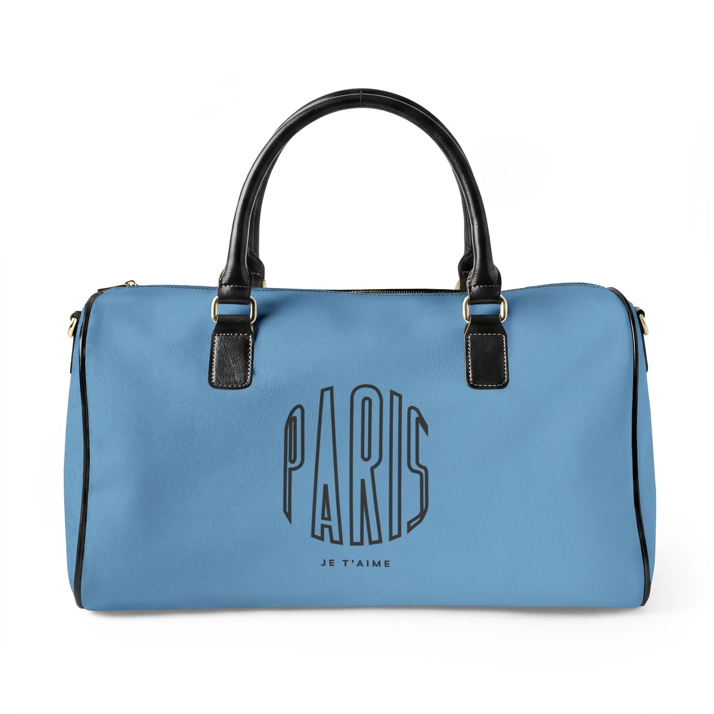 Blue duffel bag with 'Paris Je T'aime' text on a white background