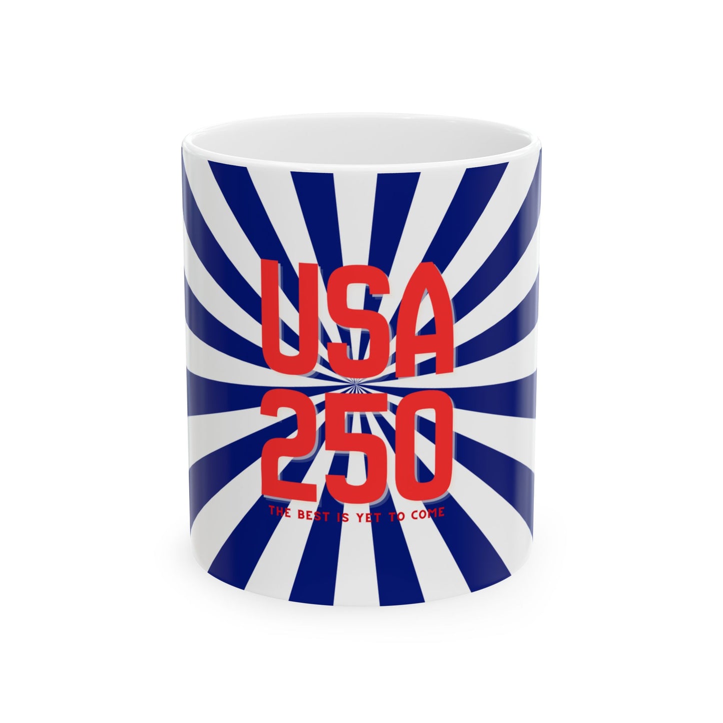 Mug with blue and white striped design and red text 'USA 250' on a white background