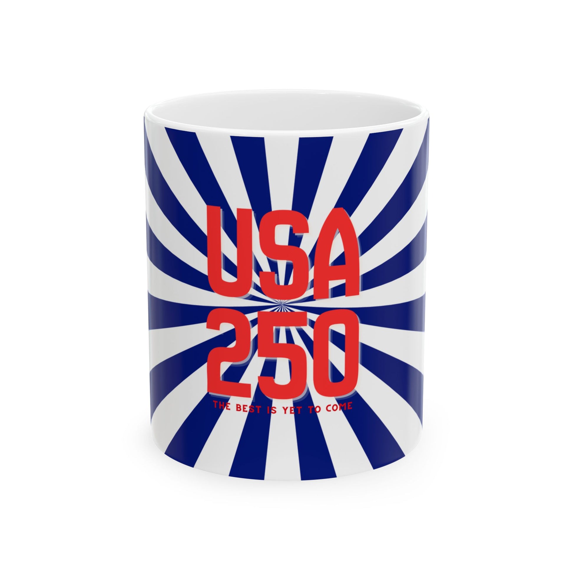 Mug with blue and white striped design and red text 'USA 250' on a white background