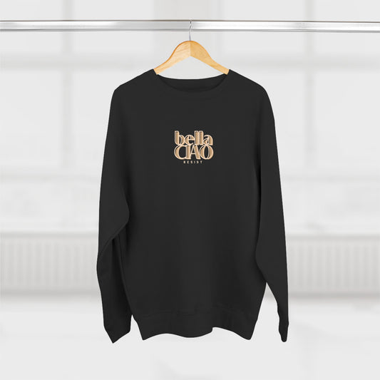 Black sweatshirt with 'bella Ciao' text on a hanger against a white background