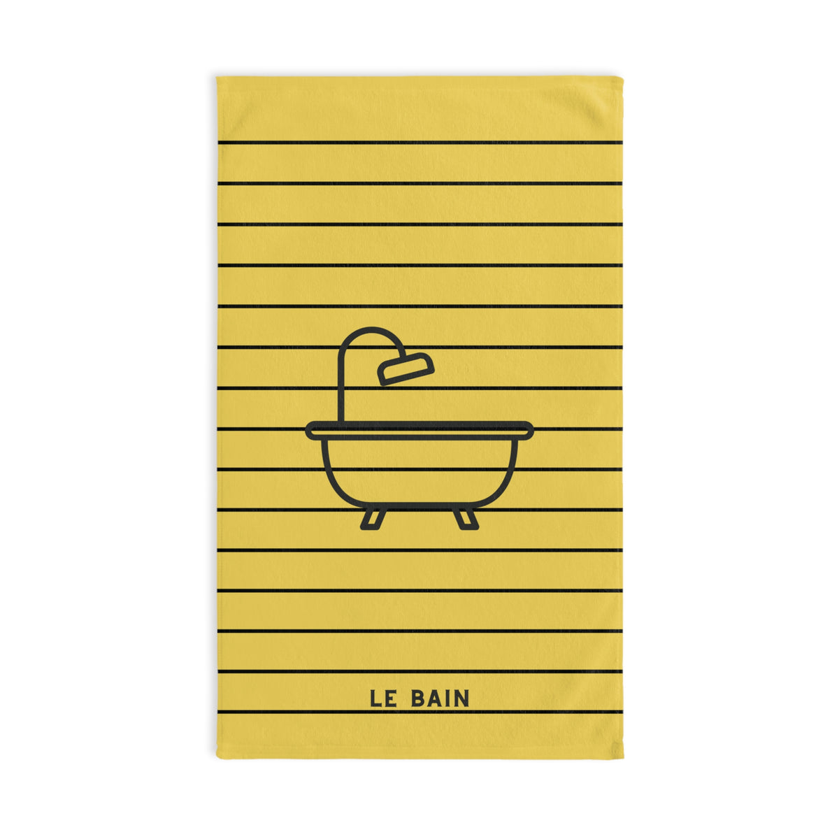 A yellow rectangular towel with horizontal black stripes and a black bathtub faucet line illustration, with the text 'LE BAIN' printed at the bottom, shown on a white background.