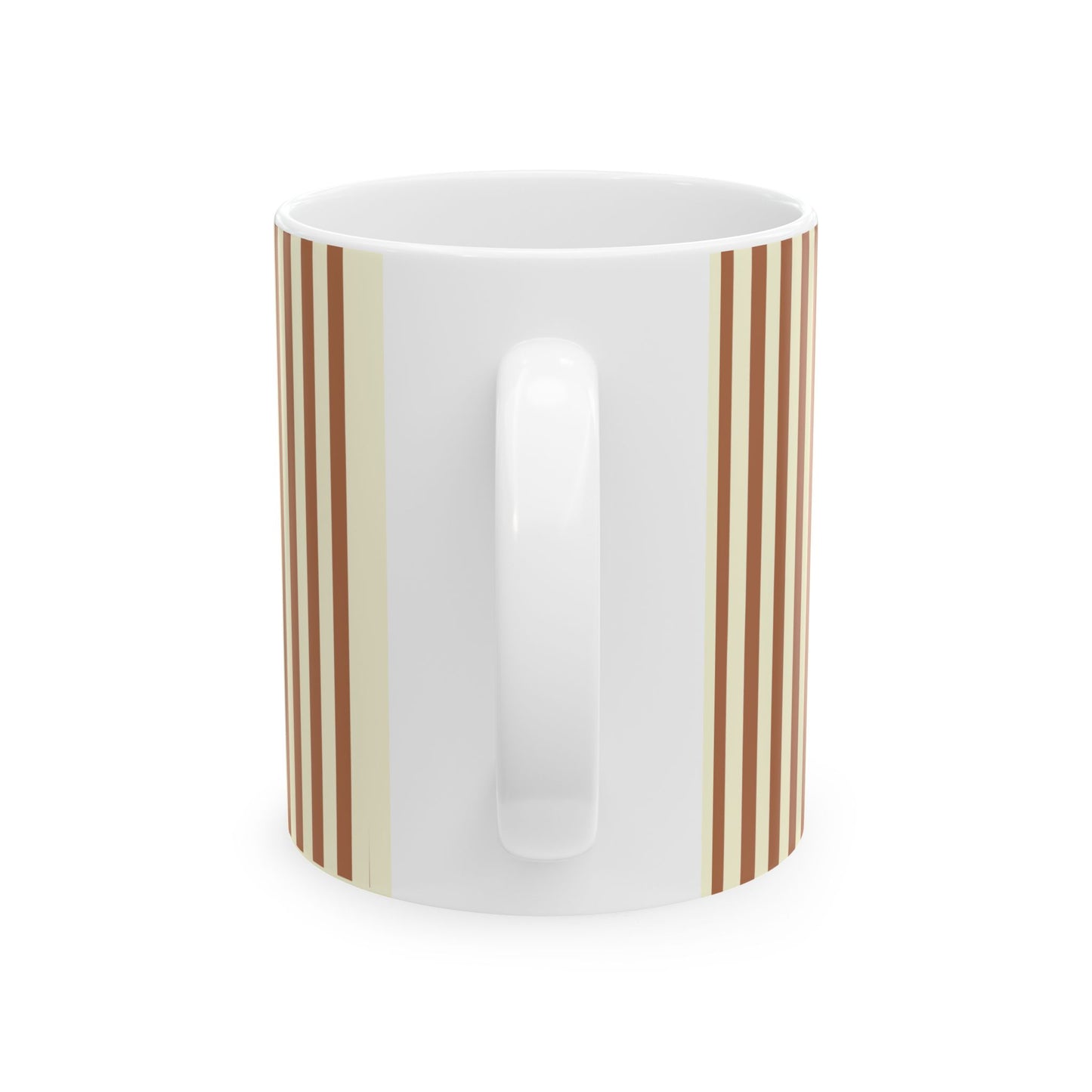 White mug with brown and beige stripes on a white background