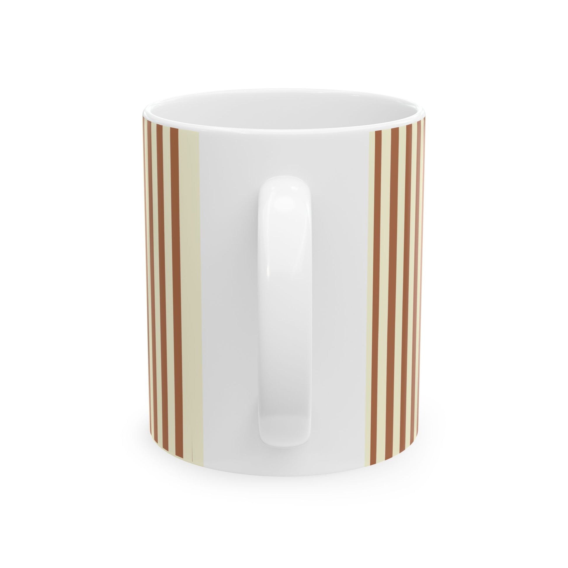 White mug with brown and beige stripes on a white background