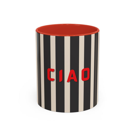 Striped mug with red interior and 'CIAO' text on a white background