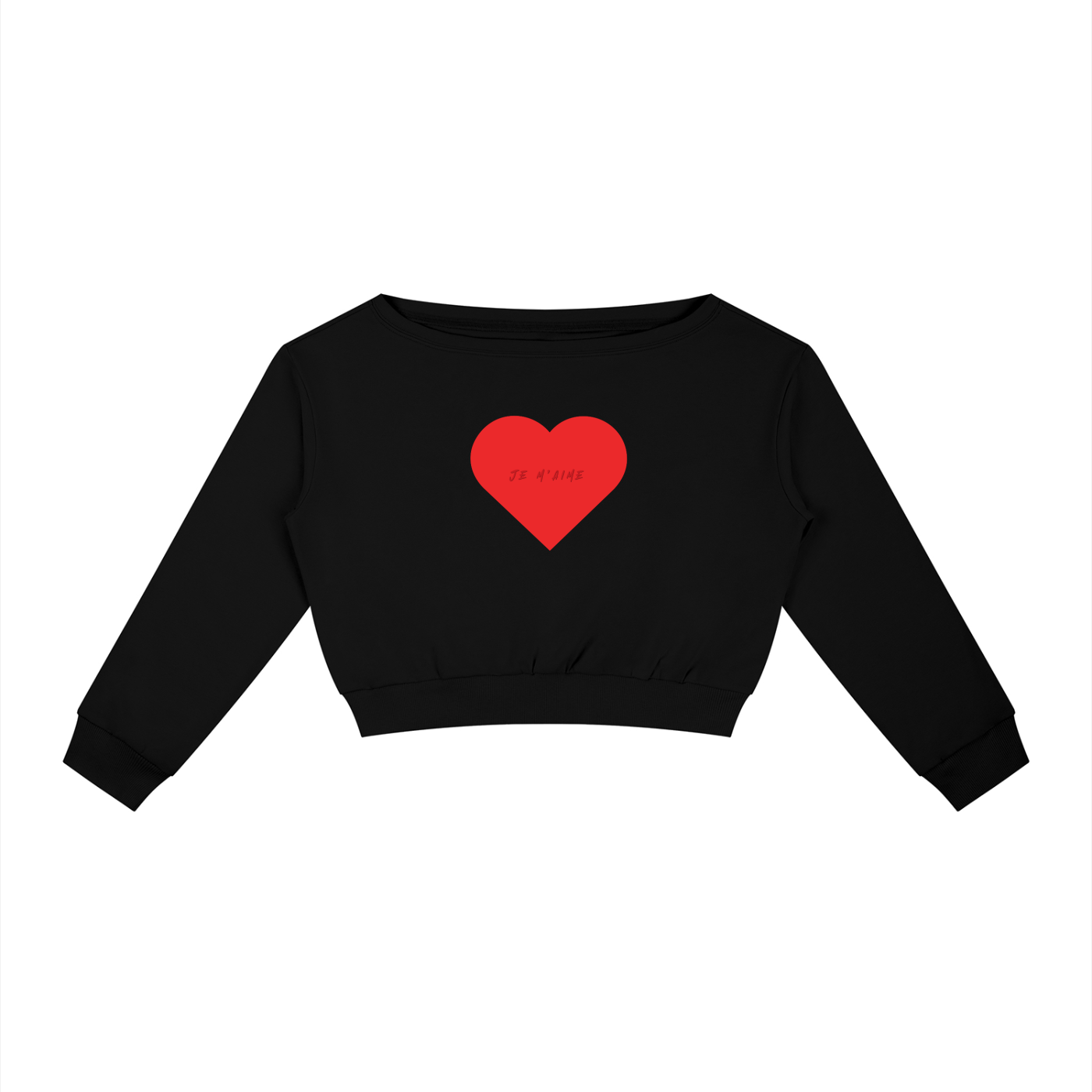 A black cropped long-sleeve sweatshirt with a red heart graphic on the chest containing the text 'it is you', displayed on a solid white background.