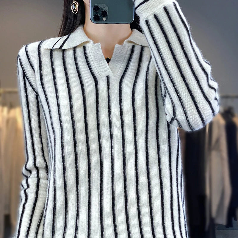 Retro Striped Women's Wool Pullover, Preppy Shirt