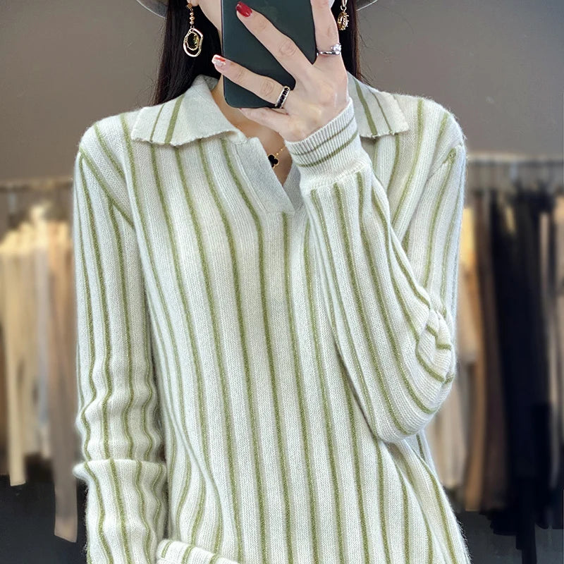 Retro Striped Women's Wool Pullover, Preppy Shirt