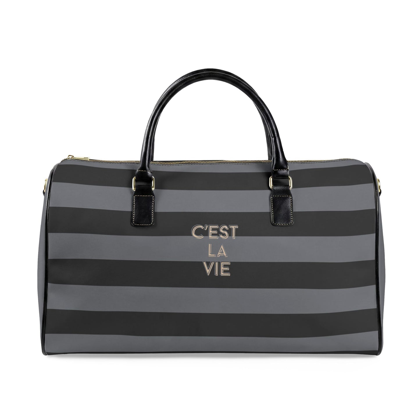 Black and gray striped duffel bag with 'C'EST LA VIE' text on a white background