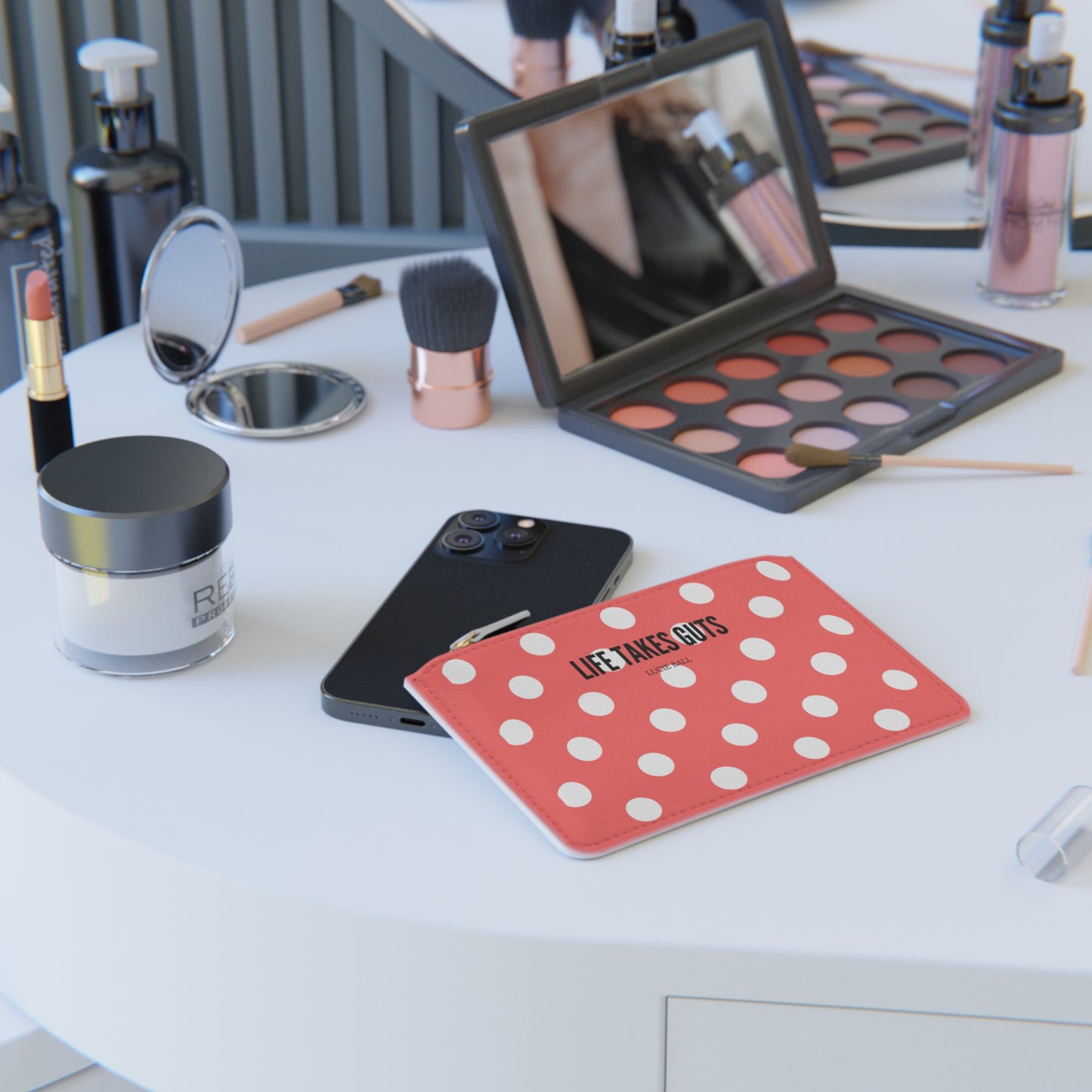 Mini Clutch Bag — Pastel Red Polka Dot "Life Takes Guts"  Vegan Wallet