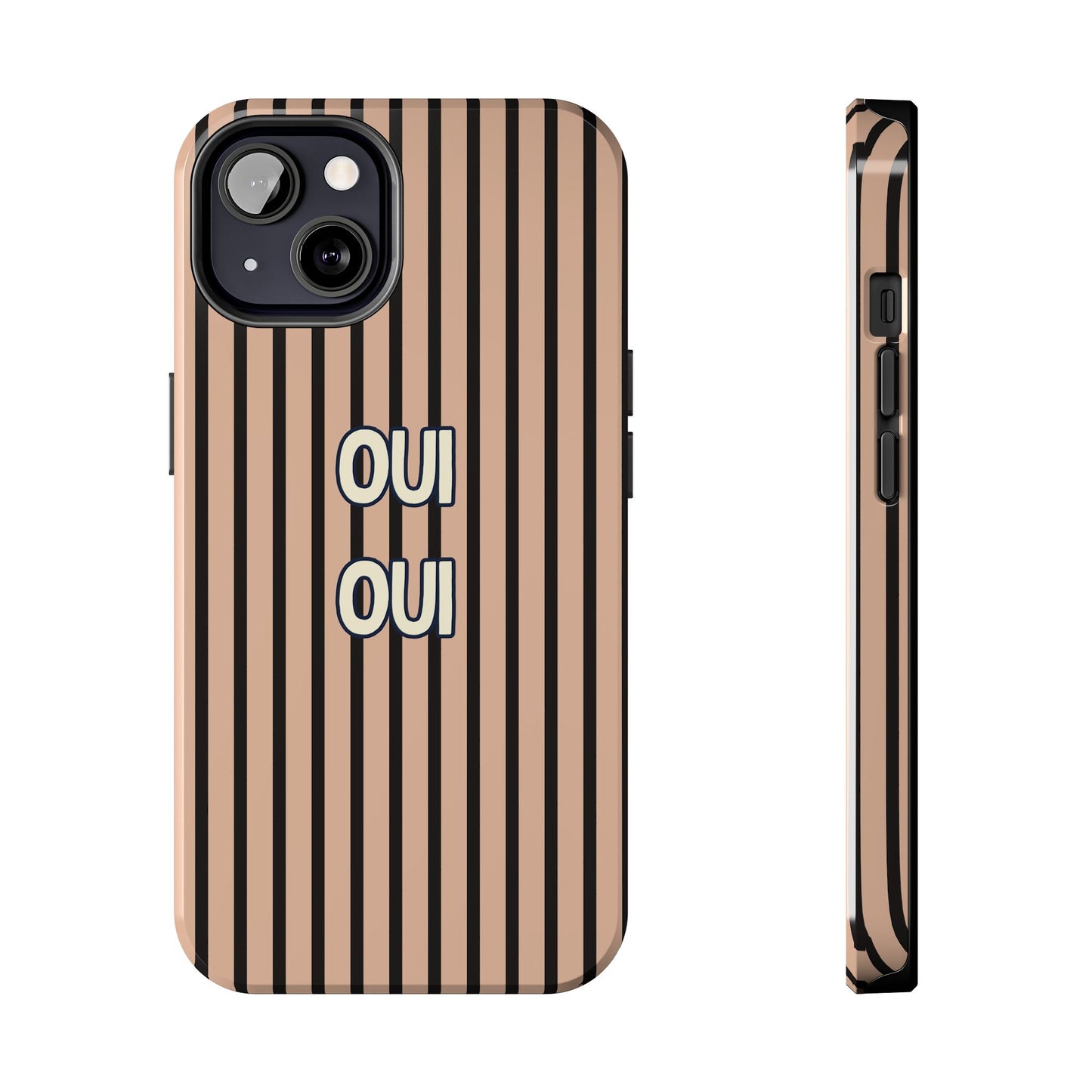 Phone case with striped pattern and 'OUI' text on a white background