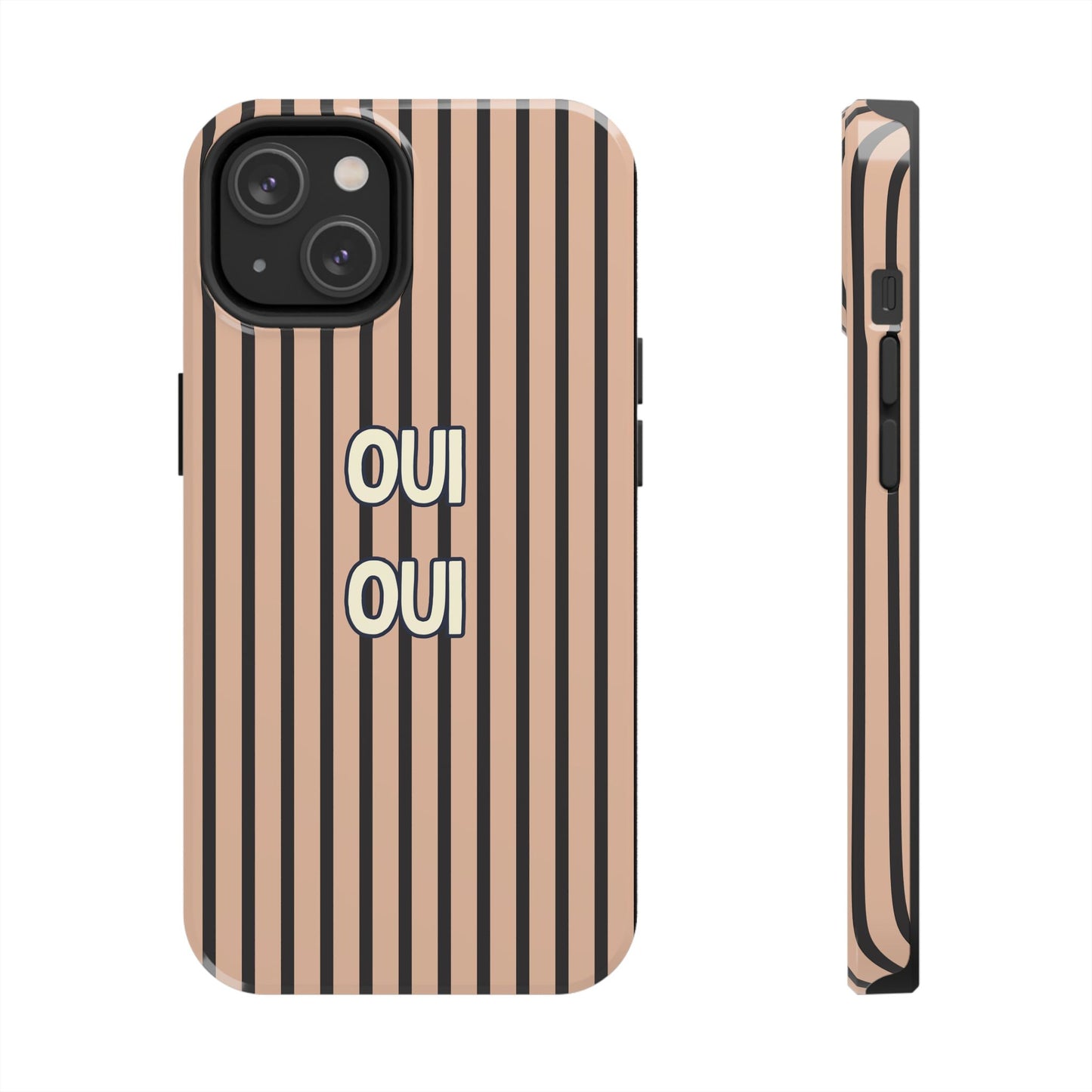 Phone case with vertical stripes and 'OUI OUI' text on a beige background