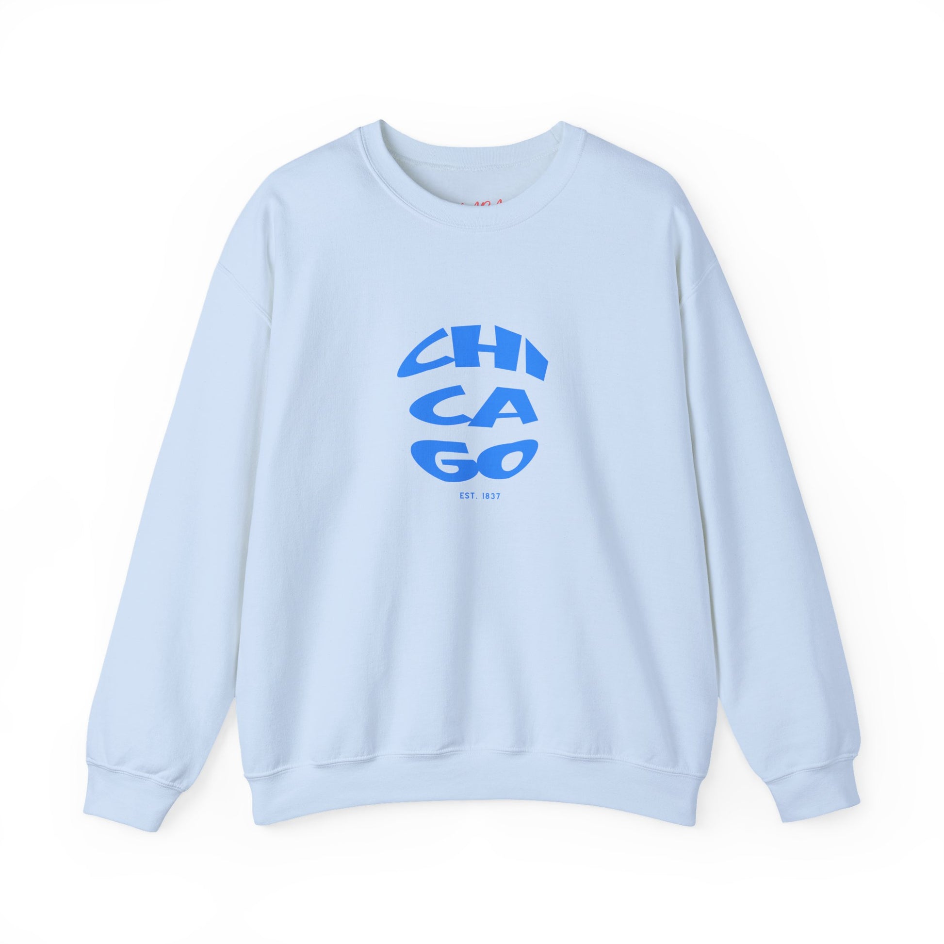 Light blue sweatshirt with 'Chicago' print on a white background