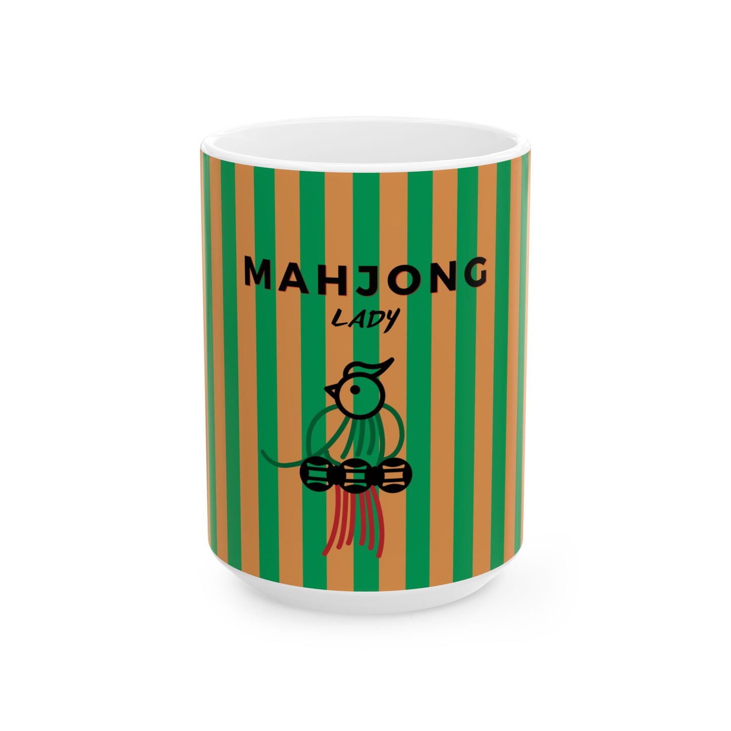 Mug with green and brown striped pattern and 'MAHJONG LADY' text on a white background