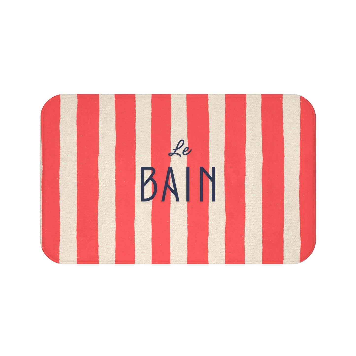 Striped mat with 'Le Bain' text on a white background