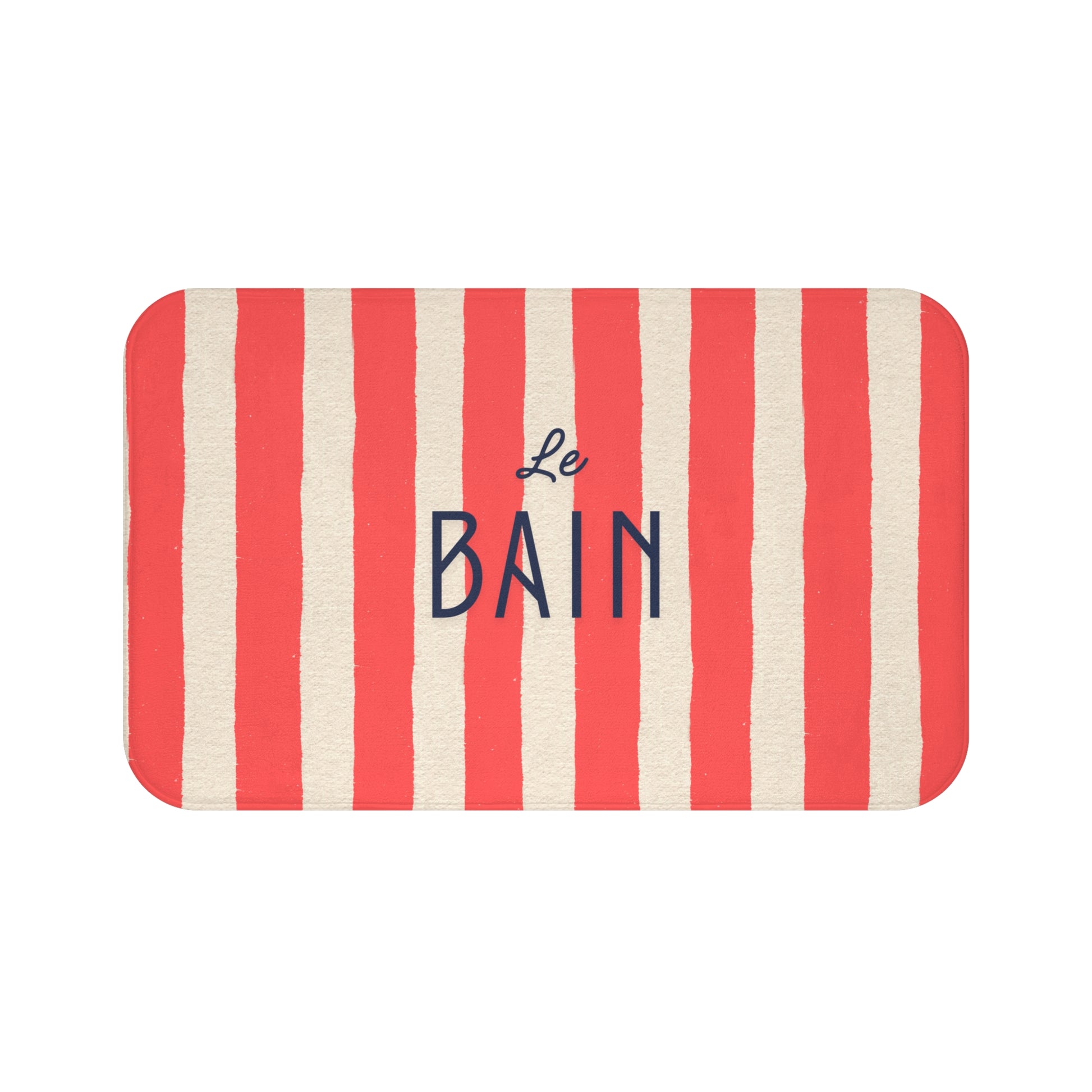 Striped mat with 'Le Bain' text on a white background