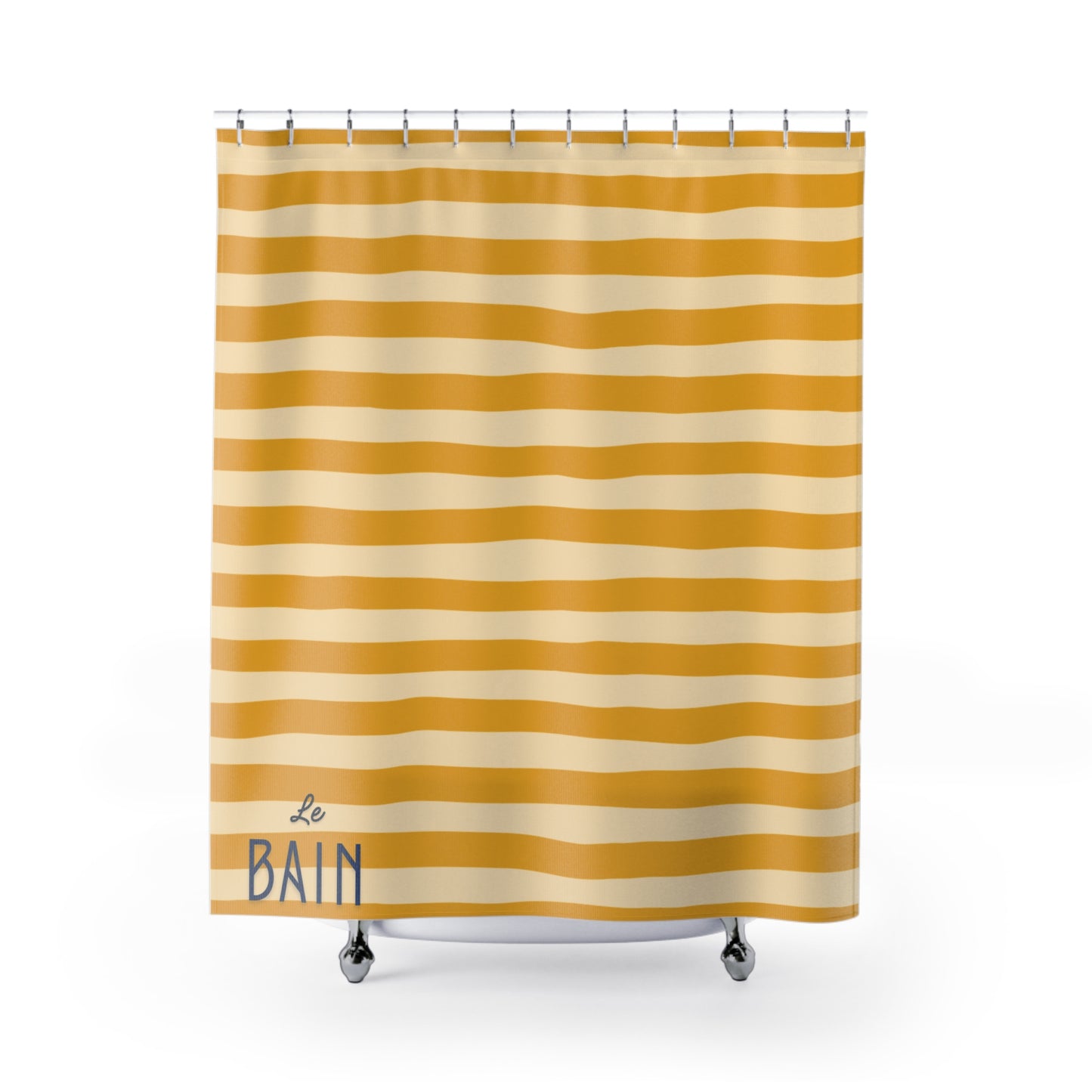 Shower curtain with yellow and white stripes and 'Le Bain' text on a white background