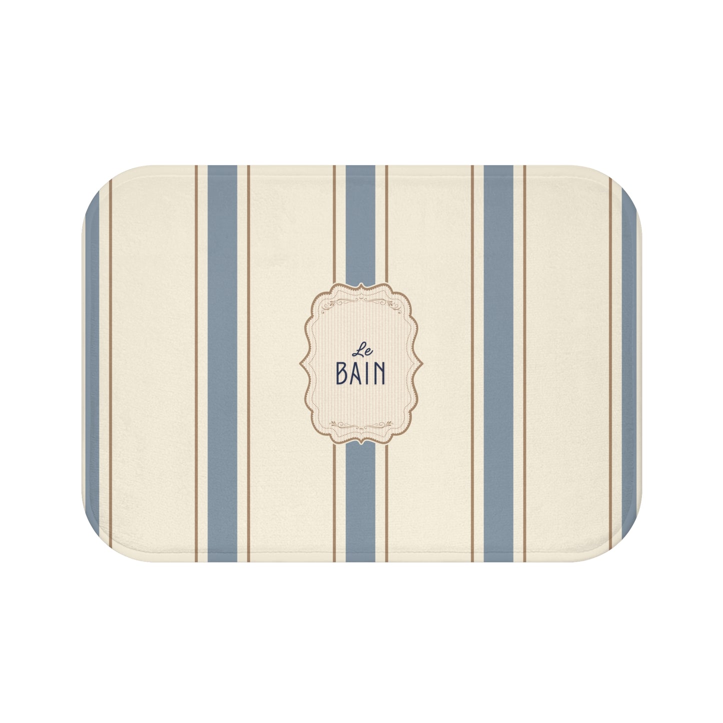 Striped bath mat with 'Le Bain' text on a white background