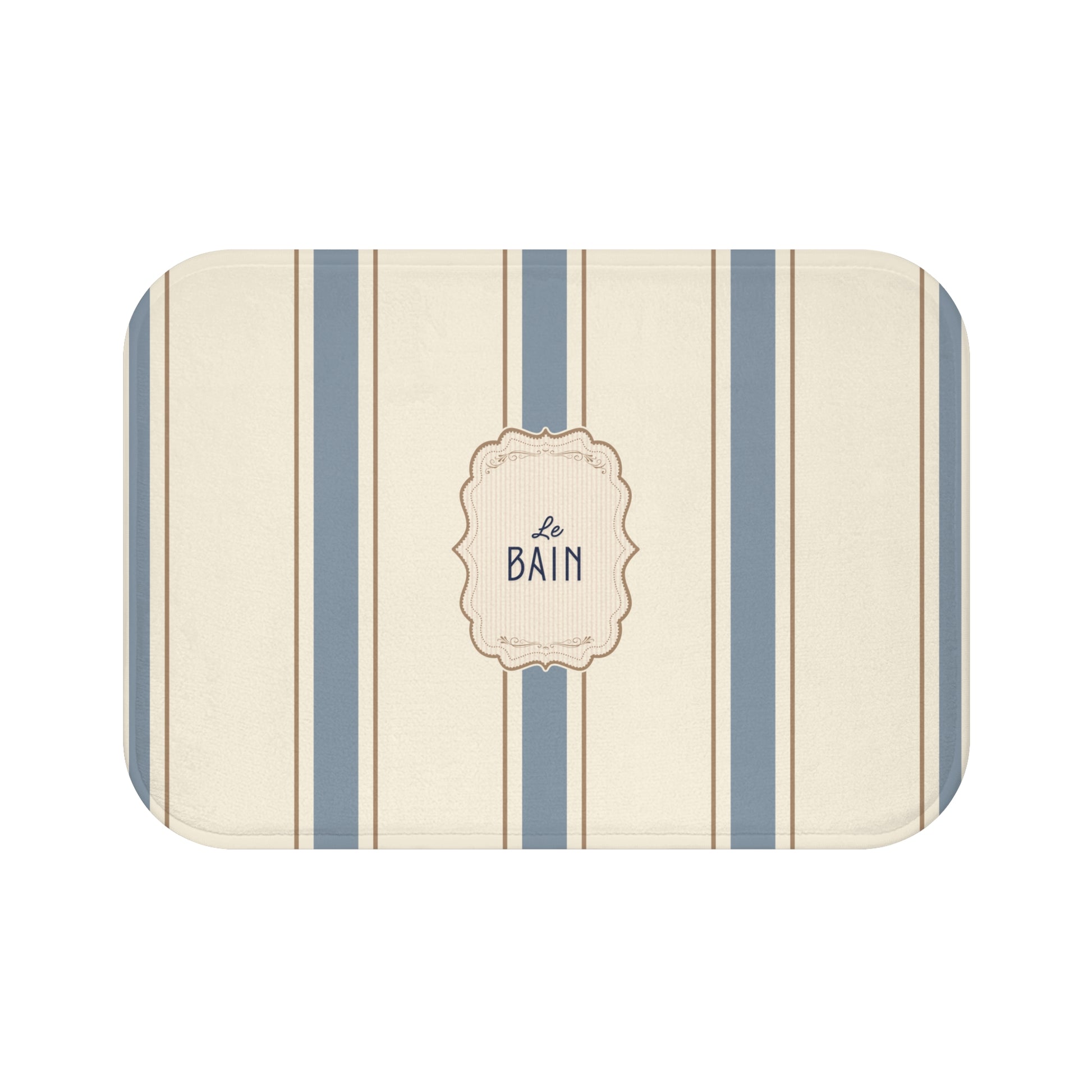 Striped bath mat with 'Le Bain' text on a white background