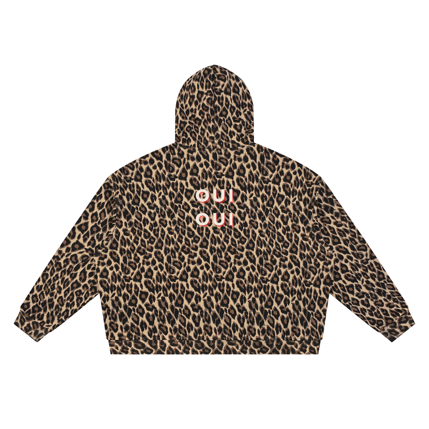 A cropped hoodie with a brown and black leopard print pattern, featuring the word 'OUI OUI'  printed in red letters on the back.